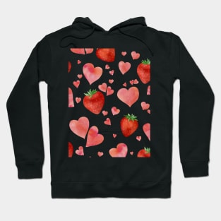 Hearts and strawberries watercolor romantic pattern. Sweet valentine print. Hoodie